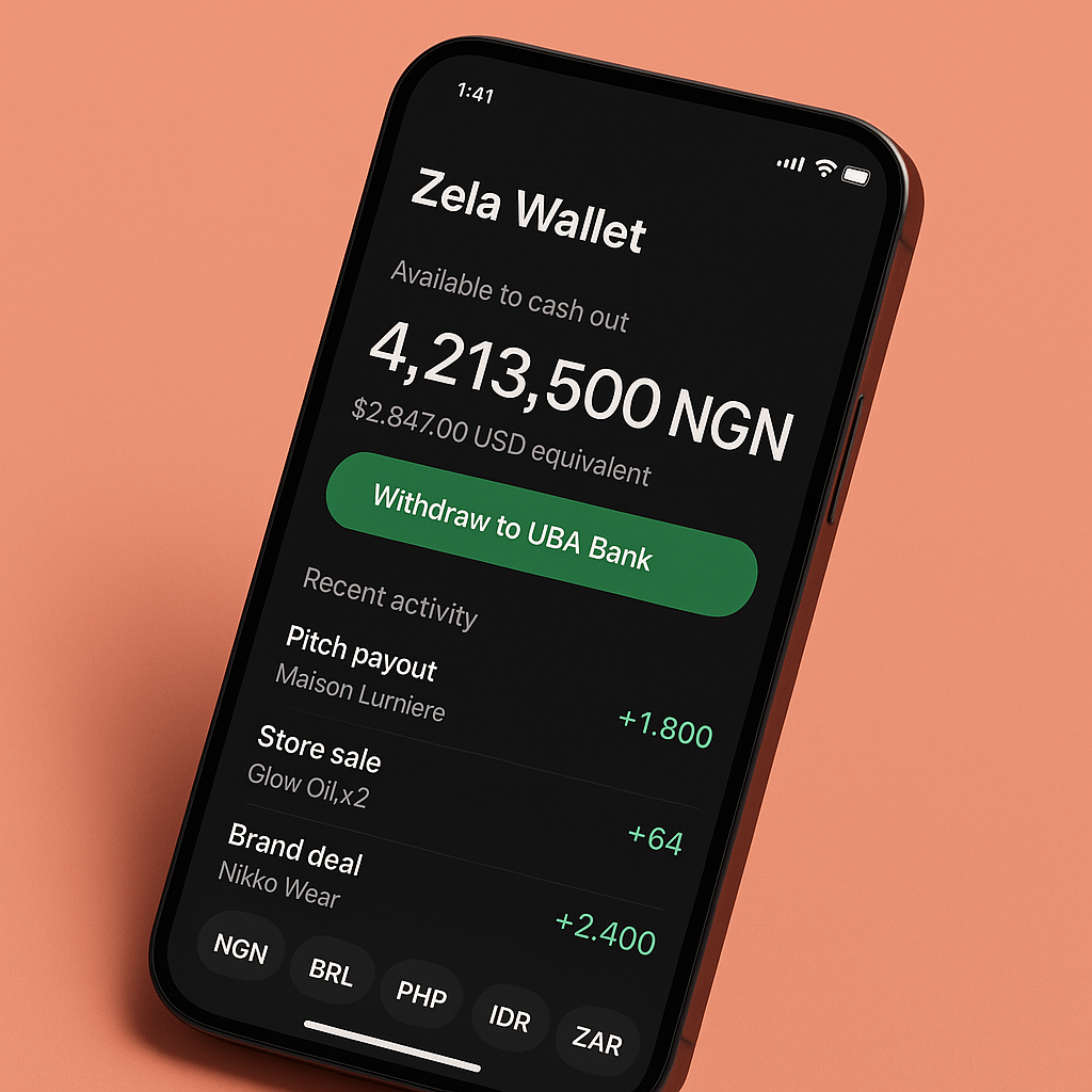 Zela Wallet app showing balance, recent activity, currency chips