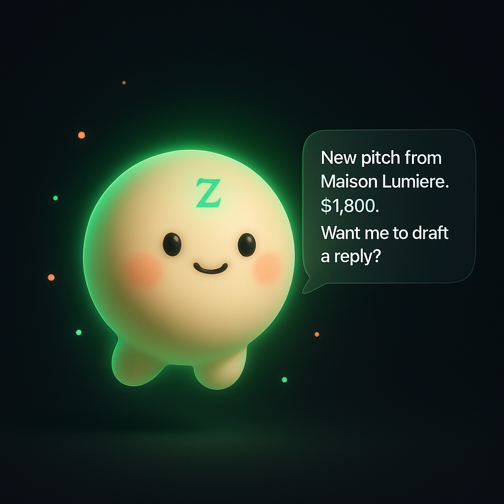 Zee, the Zela AI co-pilot mascot with a chat bubble